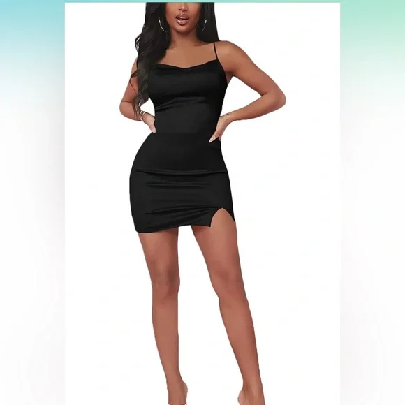 Lyaner Satin Split Hem Cowl Neck Sleeveless Bodycon Spaghetti Strap Mini Dress S | Color: Black | Size: S | Shoplisam's Closet Lyaner Satin Split Hem Cowl Neck Sleeveless Bodycon Spaghetti Strap Mini Dress S | Color: Black | Size: S | Shoplisam's Closet